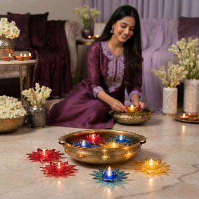 An Indian woman placing a lotus-shaped water sensor diya into a decorative bowl in a softly lit living room.