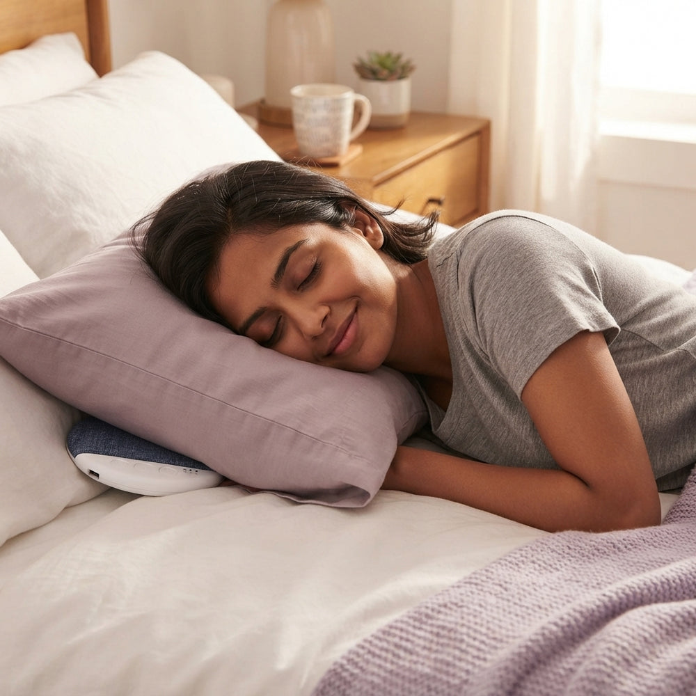 A young Indian woman relaxing on a bed with a portable Bluetooth pillow speaker nestled under a lavender pillow.