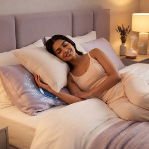 A South Asian woman relaxing in bed with a Bluetooth pillow speaker, surrounded by dusty lilac and lavender bedroom decor.
