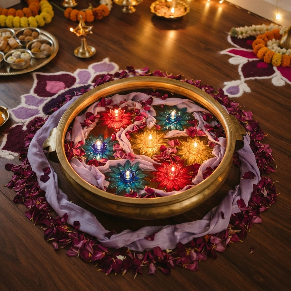 Lotus Reflection Water Sensor Diyas glowing in a bowl of water on a floor decorated with lavender fabric and plum flower peta